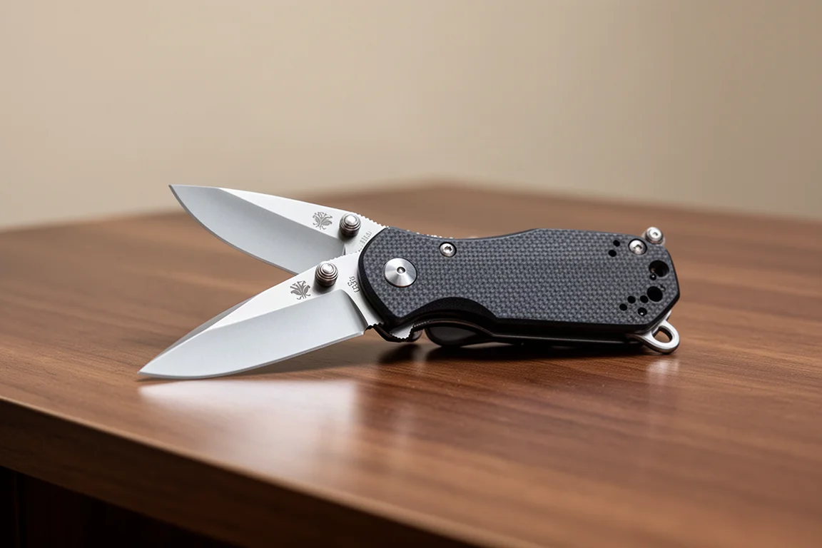 Compact folding pocket knife partially open on a wooden desk