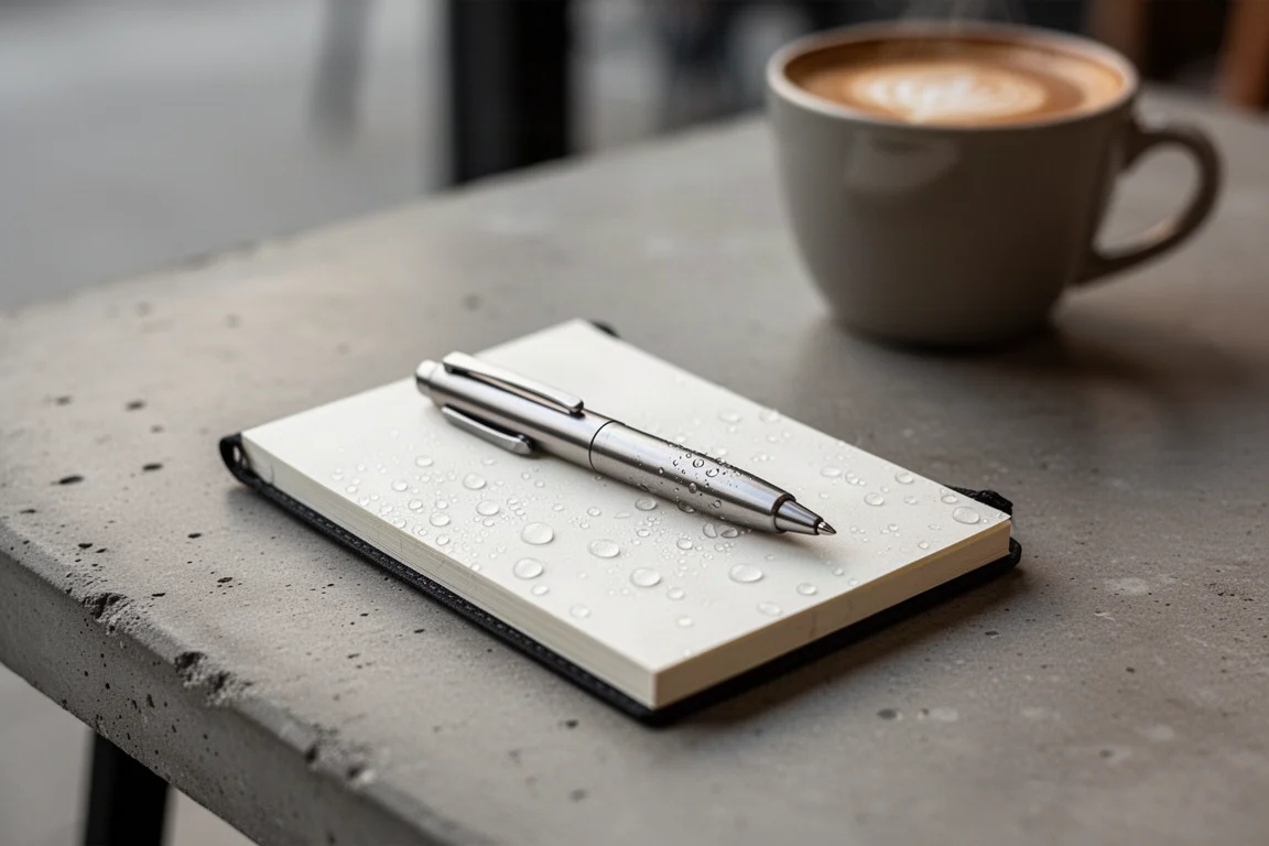 Small pen writing on a weatherproof pocket notepad beside a coffee cup