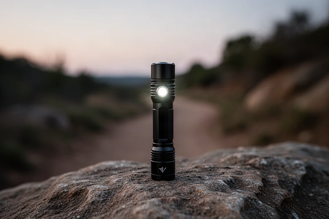 Slim metal AAA flashlight standing on a rock surface at dusk