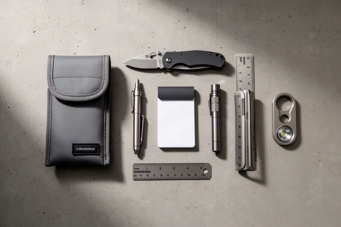 Composizione flat lay di una pouch portafoglio, coltello, penna, taccuino, righello, torcia e fidget slider su cemento