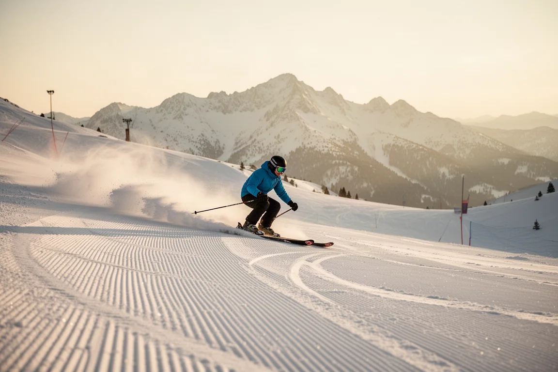 Skier carving clean turns on a groomed piste under soft morning light
