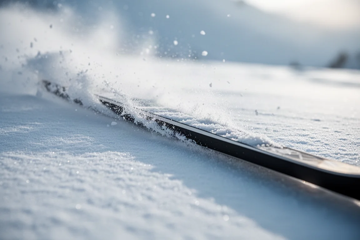 Close-up of a ski edge gripping packed snow mid-turn