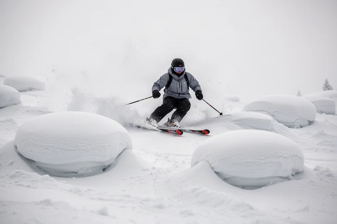 Skier threading quick, tight turns through a mogul field