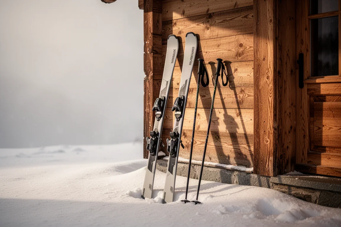 Pair of skis resting outside a mountain lodge in soft afternoon light