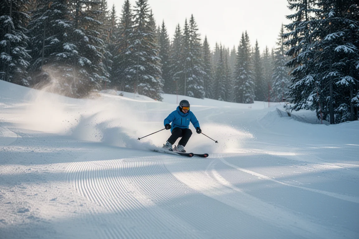 Skier making quick short turns on a firm groomed morning slope