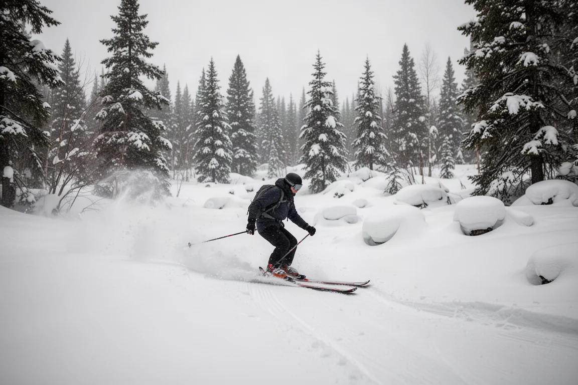 Skier mixing terrain in soft snow between trees and bumps