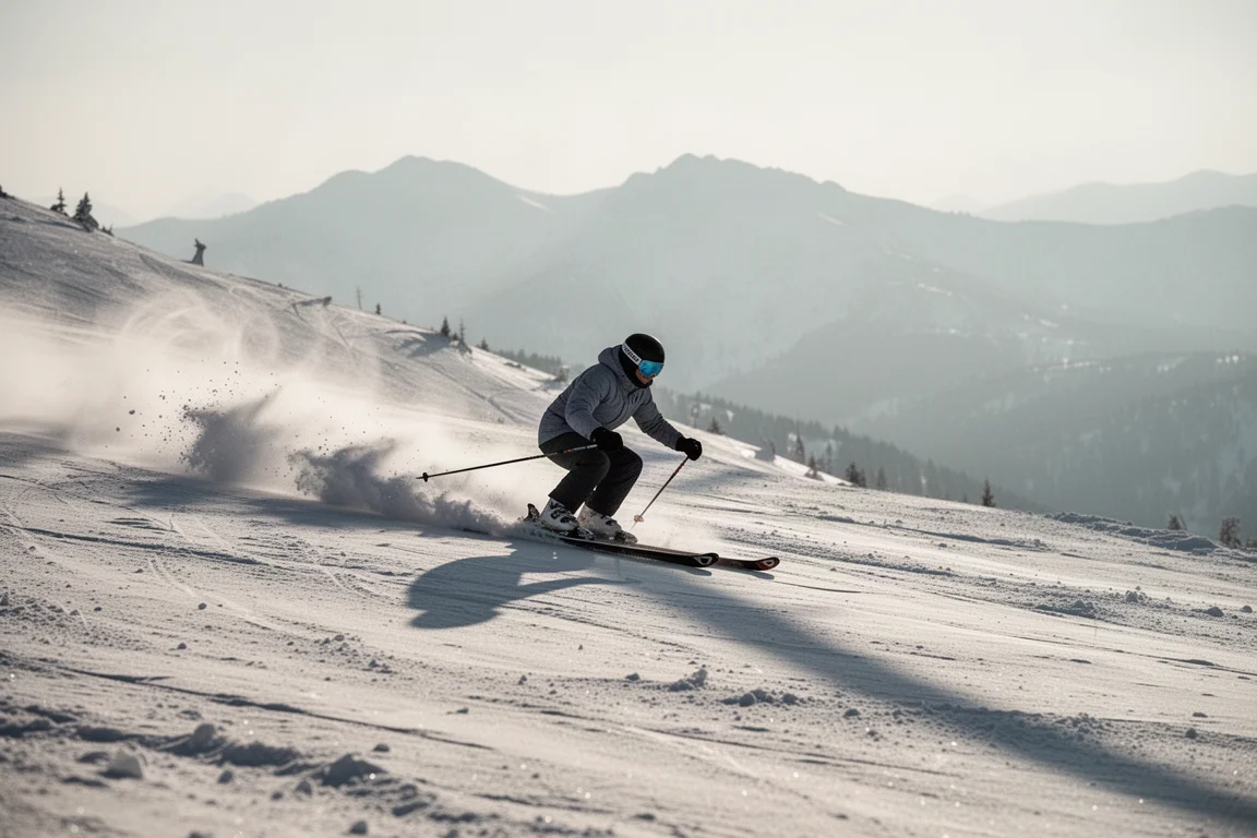 Skier leaning into high-speed turns on firmer snow