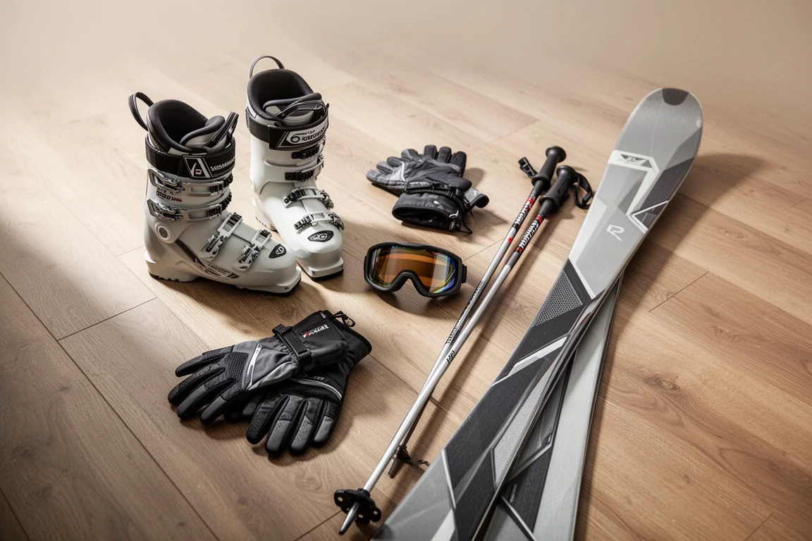 Flat-lay of ski gear laid out on a wooden floor before a day on the mountain