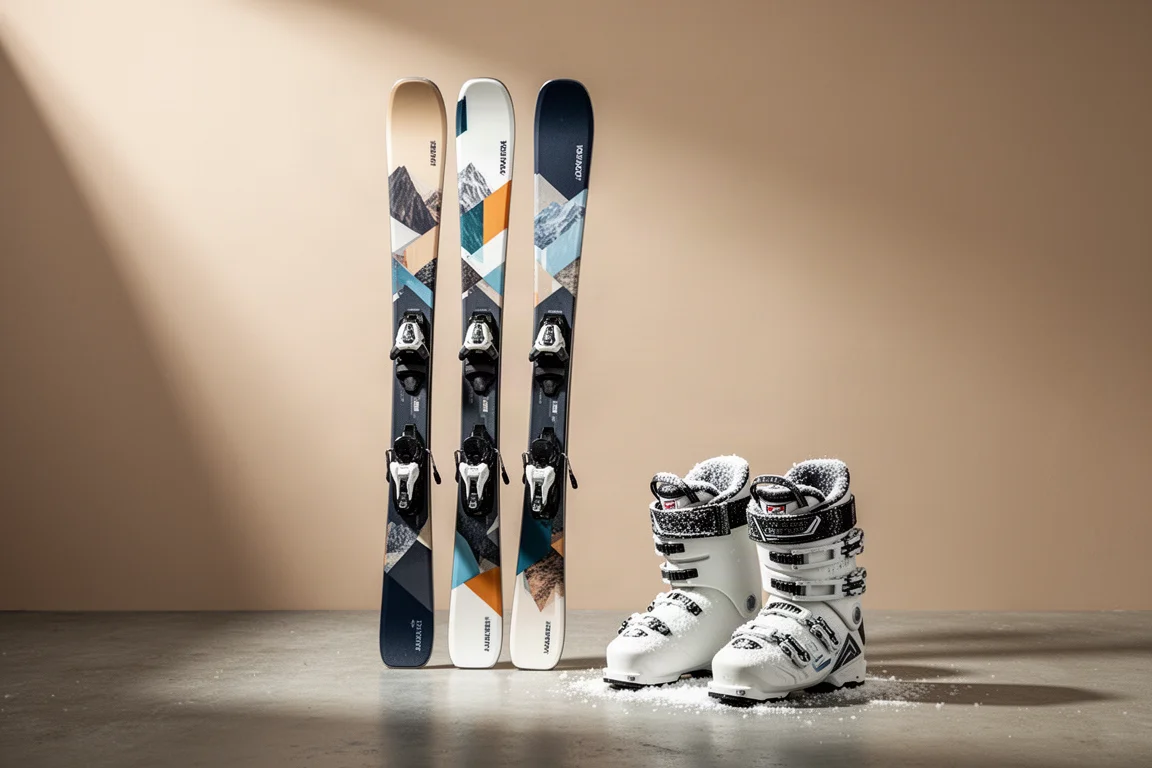 Pair of all-mountain skis standing upright on a concrete surface