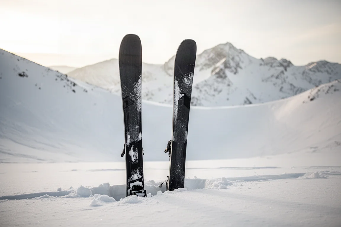 Sci freeride parcheggiati al bordo di un campo di neve fresca in una soleggiata mattinata di montagna