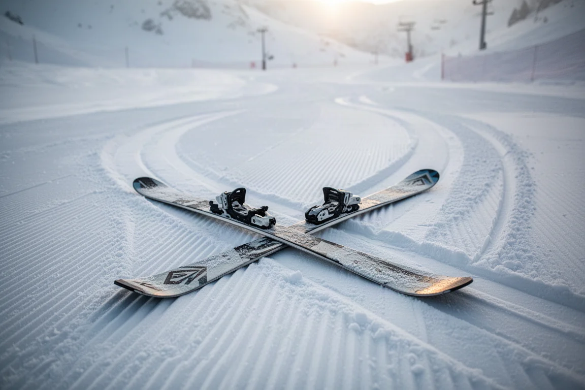 All-mountain ski on packed corduroy groomer in morning light