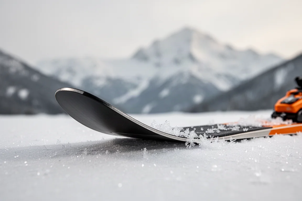 Close-up of ski tip and early rocker profile on snow