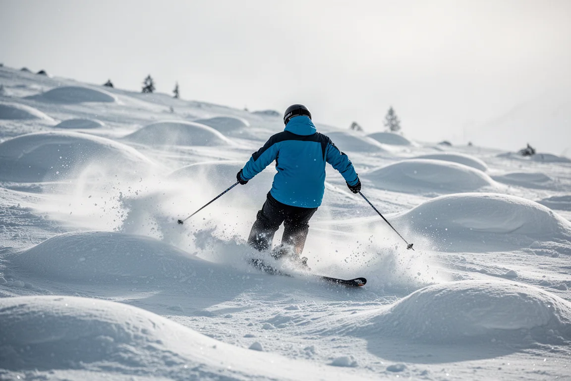 Skier threading quick short turns through moguls
