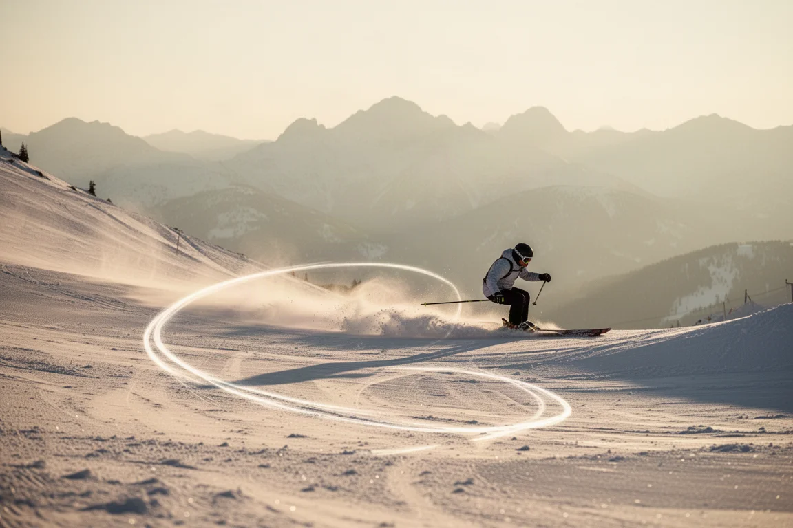 Skier carving a clean arc on a groomed slope in late-day light