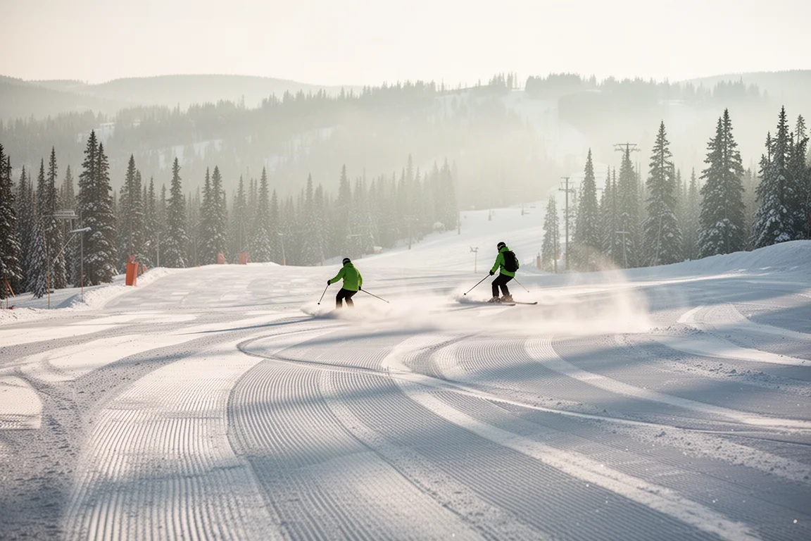 Two skiers carving long turns on a groomed slope at a mountain resort