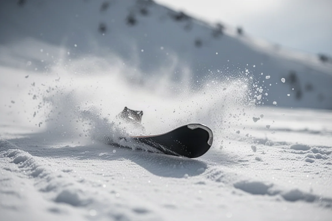 Close-up of ski tips bending through loose granular snow with snow spray