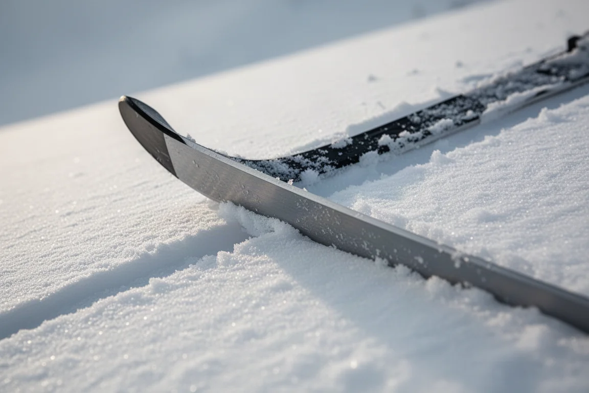 Ski edge engaged at a sharp angle on firm hardpack snow