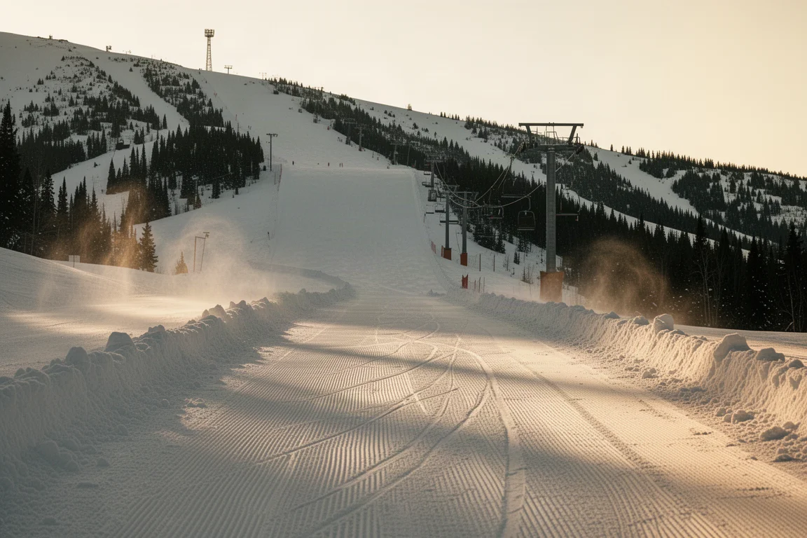 Wide empty groomed trail with soft snow at a mountain resort in late light