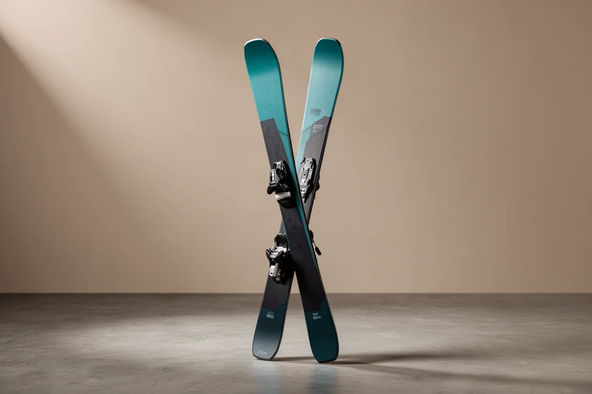Pair of teal all-mountain skis standing upright on a concrete surface in studio light