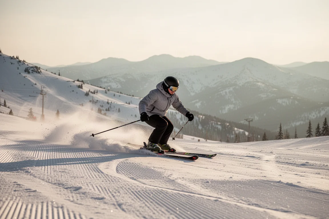 Skier carving down a groomed run in soft morning light