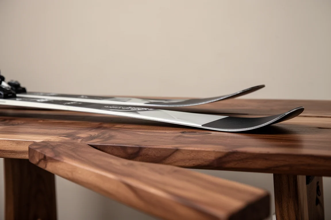 Close-up of ski camber profile on a wooden bench