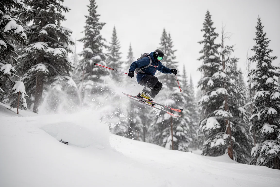 Skier popping off a small side hit in trees