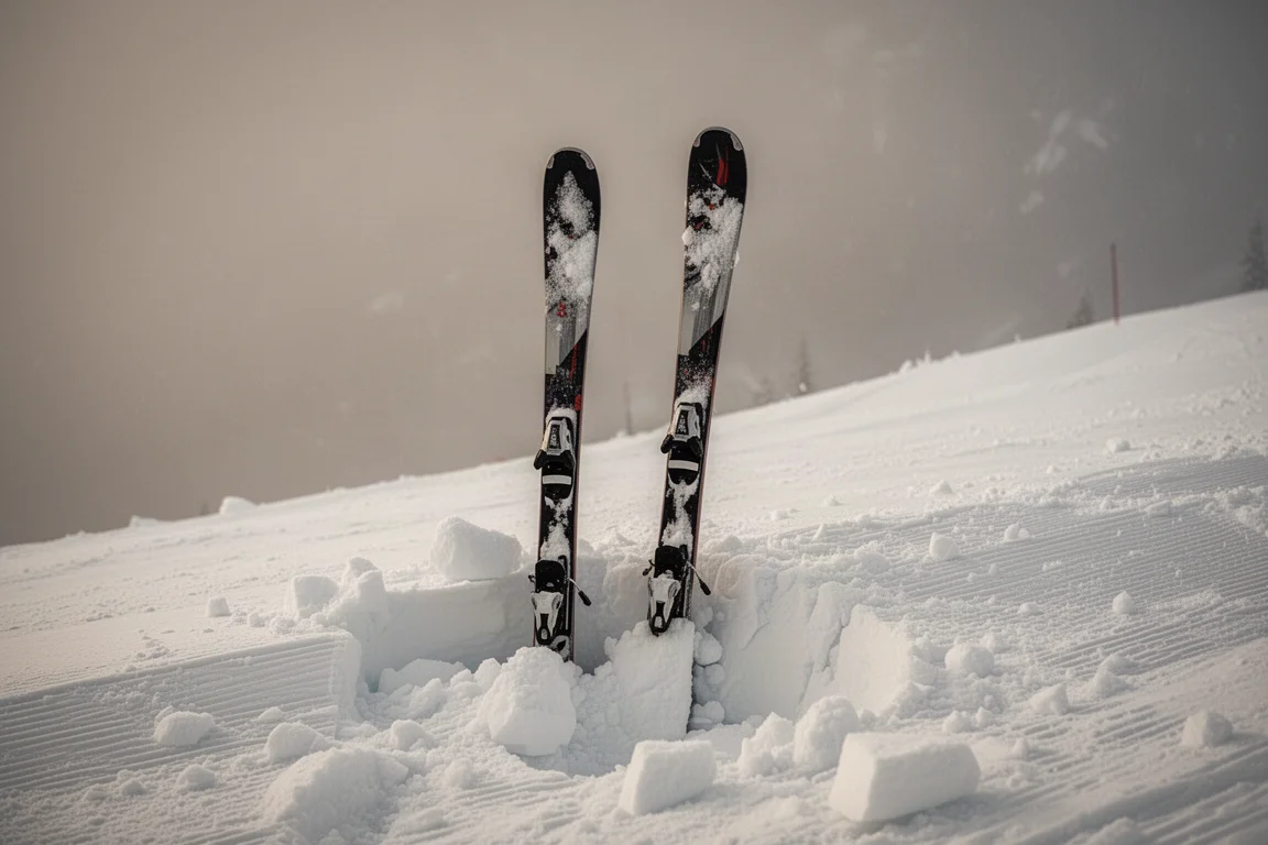Skis stuck upright in fresh snow in variable conditions