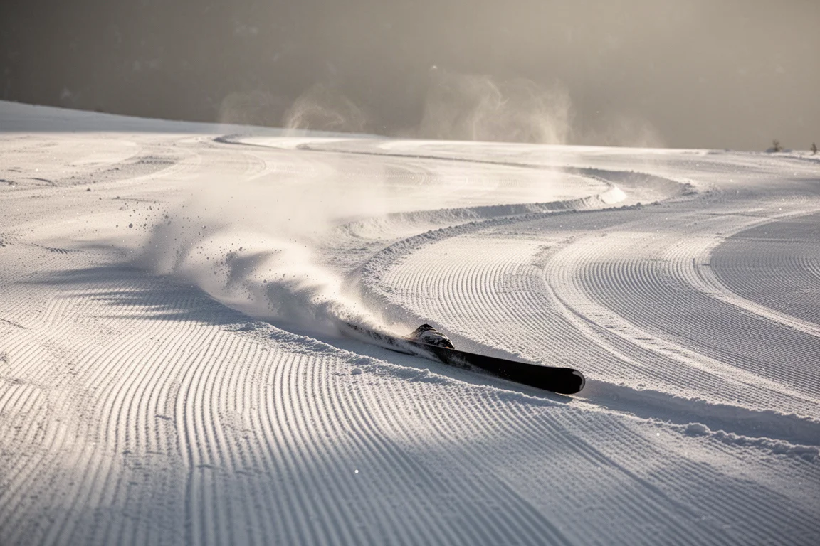 Esquí all-mountain trazando un giro de gran ángulo de canto sobre nieve pisada