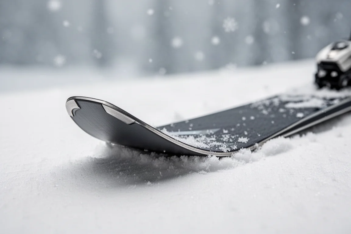 Primer plano de una punta de esquí con construcción cap afilada sobre la nieve