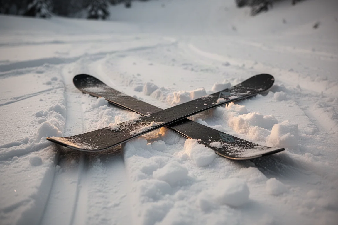 Esquí apoyado sobre bultos y nieve degradada tras una pasada de prueba