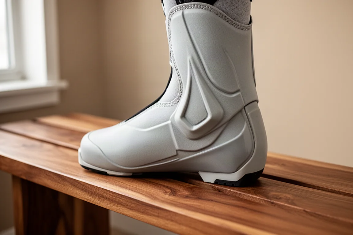 Skischuh-Innenschuh mit skulptierten Knöchelbereichen auf einer Holzbank