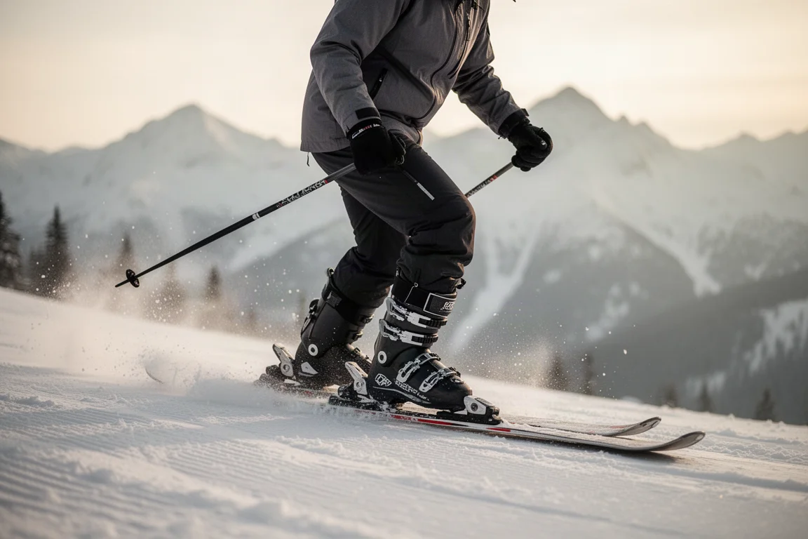 Skifahrer beugt sich in einem dreiteiligen Skischuh auf einer präparierten Piste nach vorne