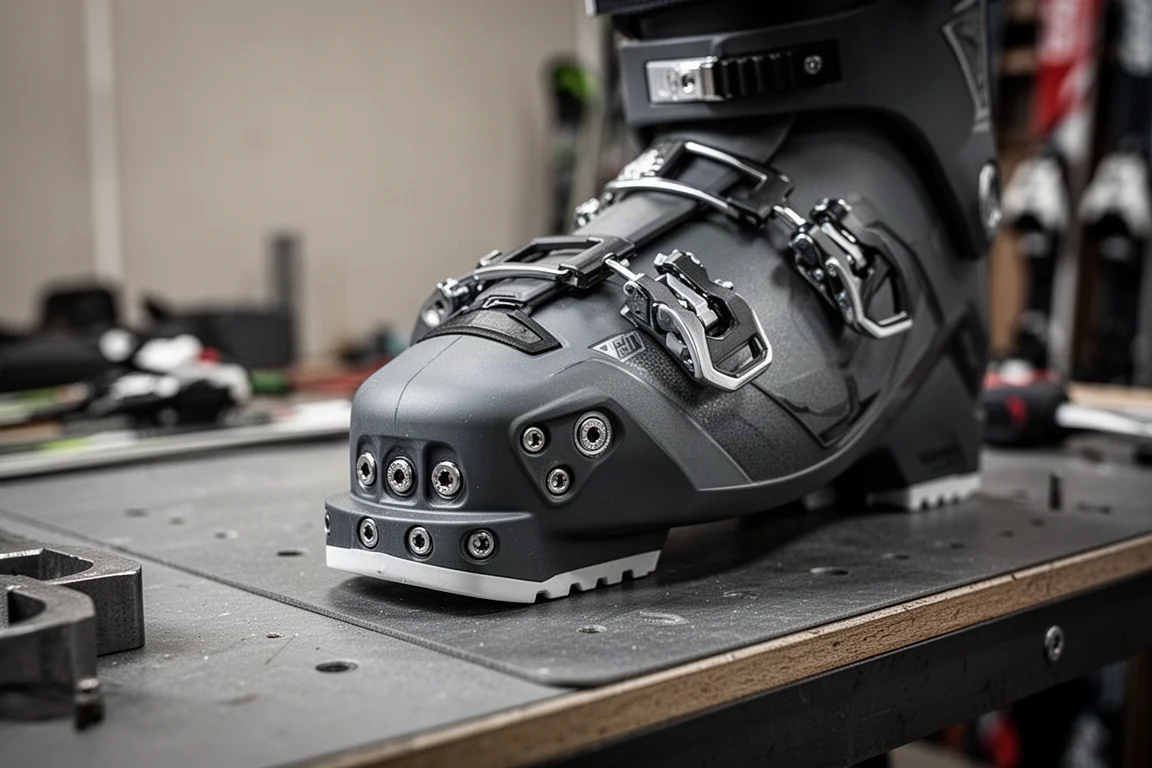 Nahaufnahme der Skischuh-Spitze mit Tech-Pin-Einsätzen auf einer Werkbank im Skishop