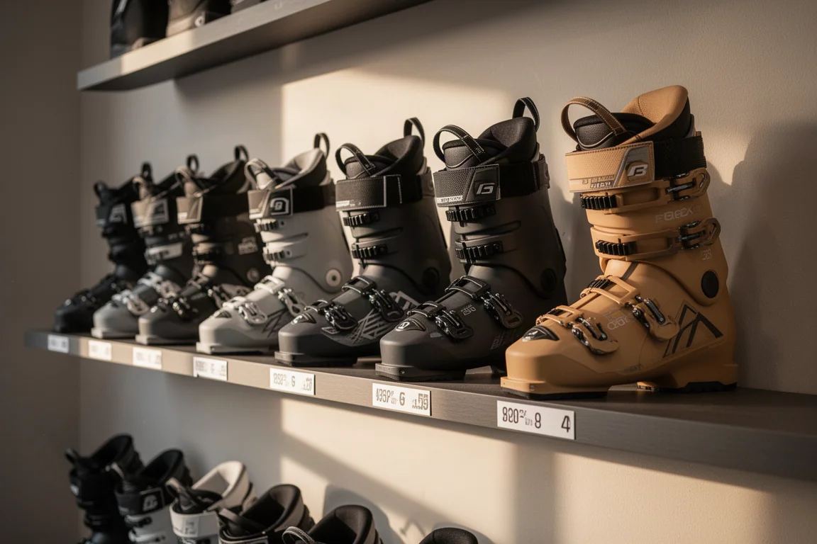 Reihe von Skischuhen an einer Shop-Wand bei sanfter Beleuchtung