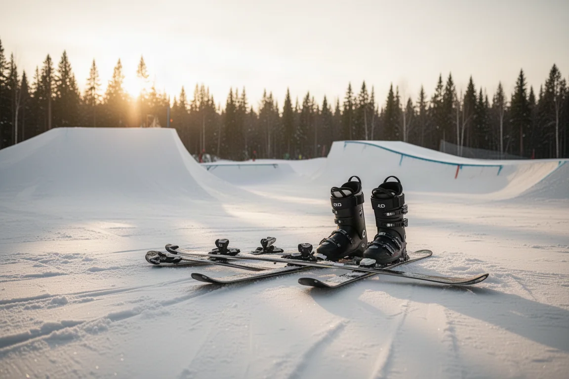 Chaussures de ski et skis posés sur de la neige damée à côté d'un module de park à l'heure dorée