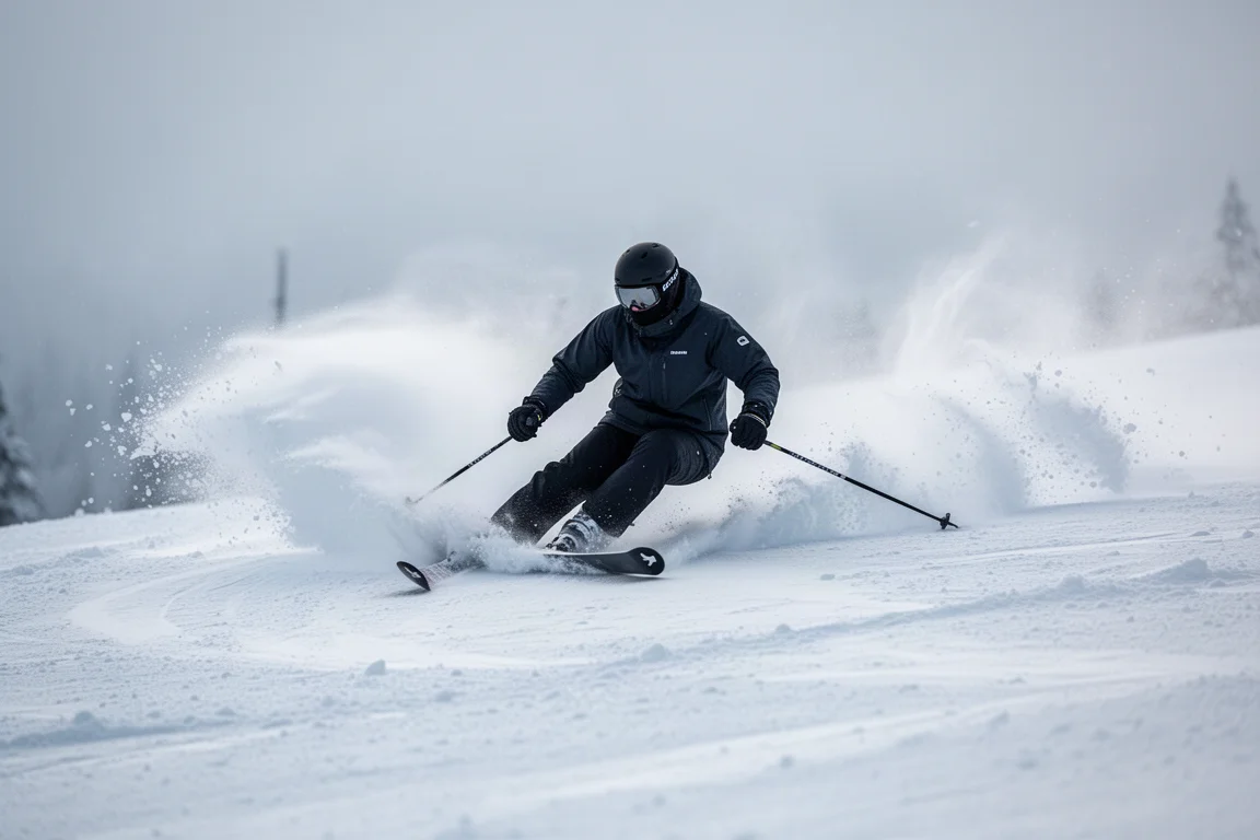 Skieur incliné dans une longue courbe taillée sur une piste damée, gerbe de neige derrière lui