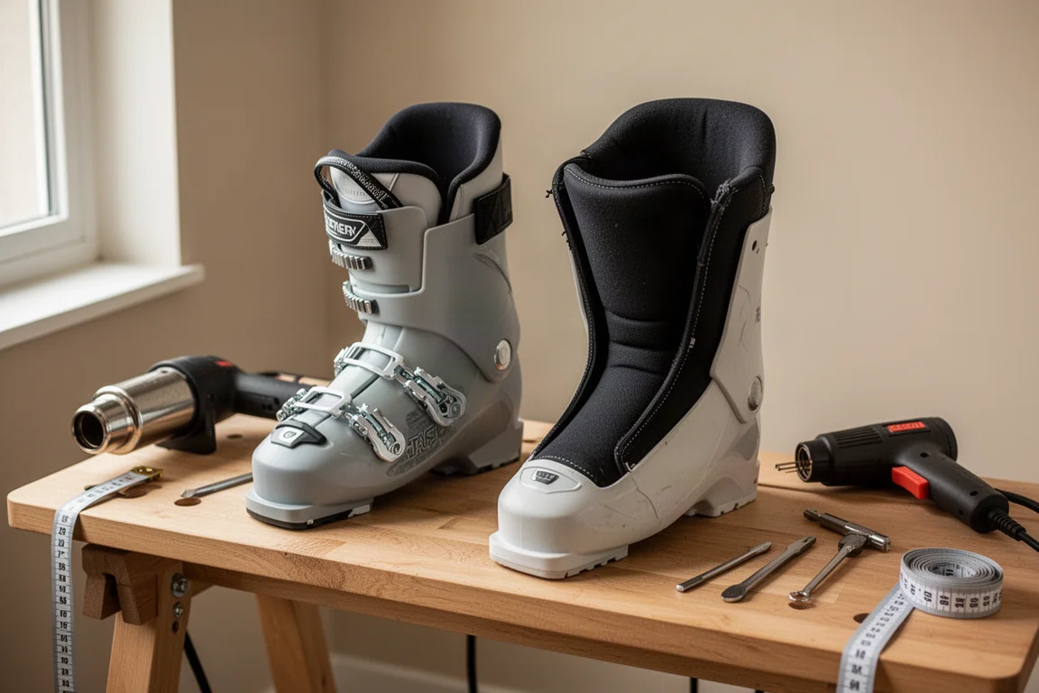 Coque de chaussure de ski et chausson rembourré séparés sur un banc d'essayage avec les outils