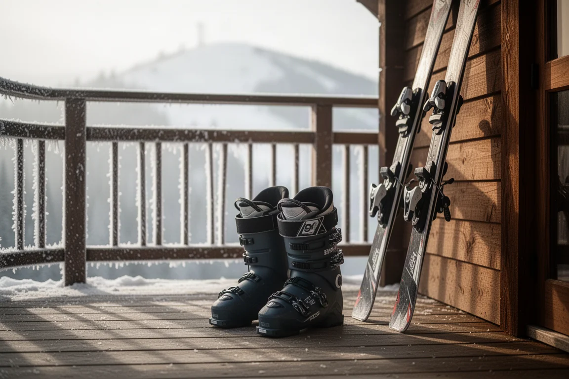 Paire de chaussures de ski dressée à côté de skis devant un refuge à la lumière du matin