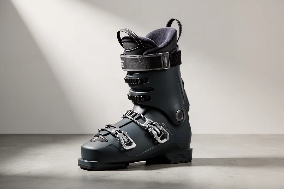 Armada AR1 ski boot with cabrio tongue and cable buckle standing on concrete