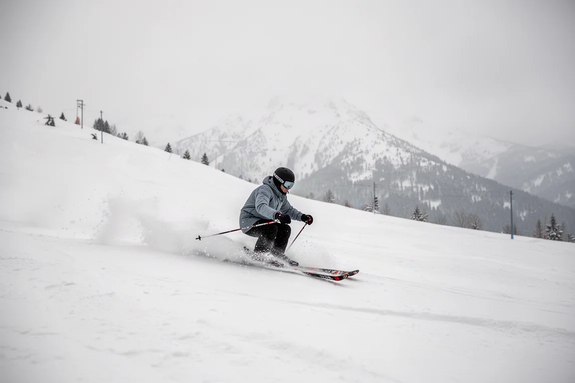 Skier easing through soft snow on a freestyle all-mountain ski