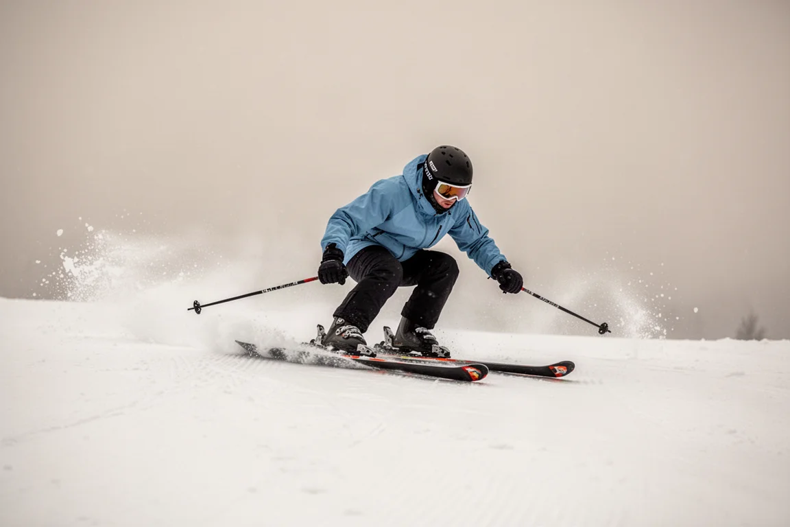 Skier buttering on a groomed slope with skis flat on the snow