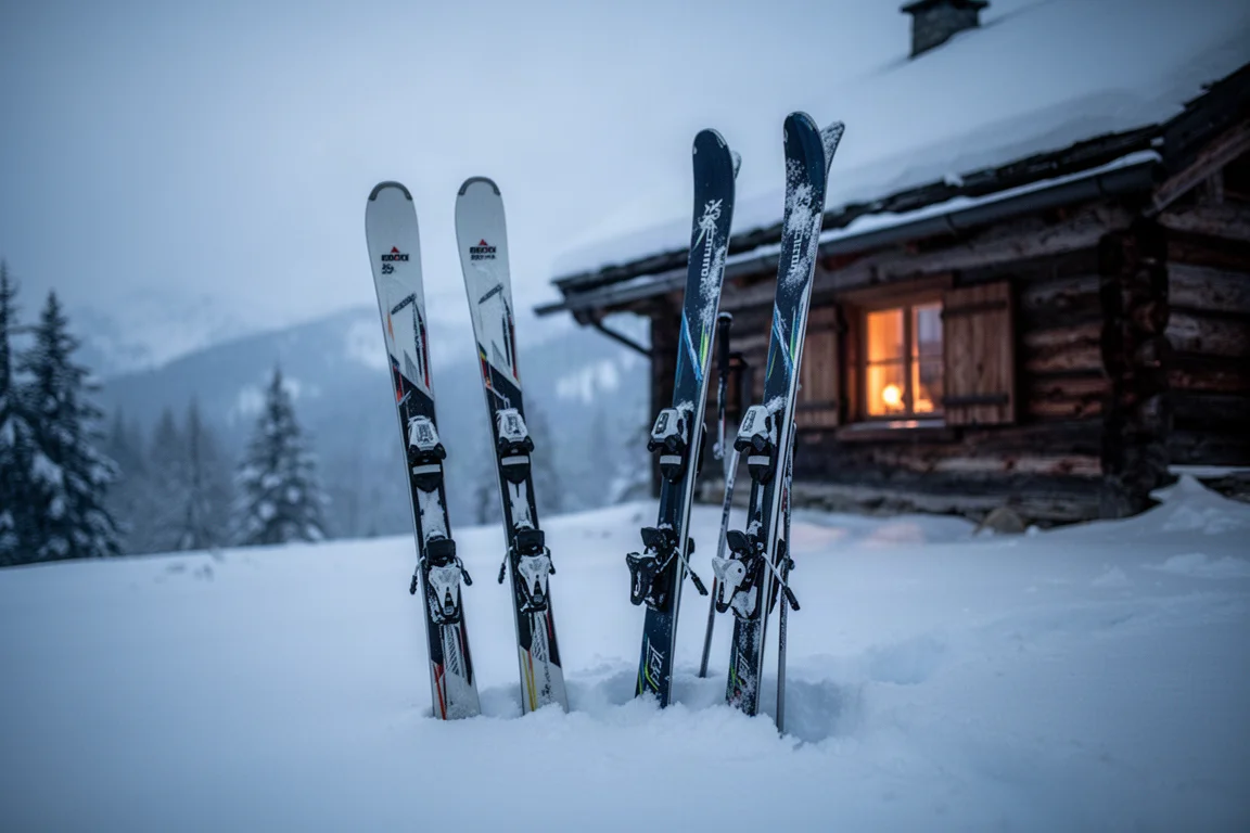 Skis propped upright against a snowy mountain hut at dusk