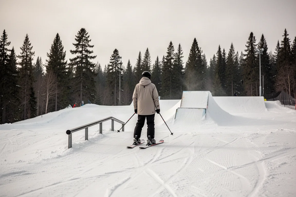 Skier gliding through soft powder snow between snow-covered evergreen trees
