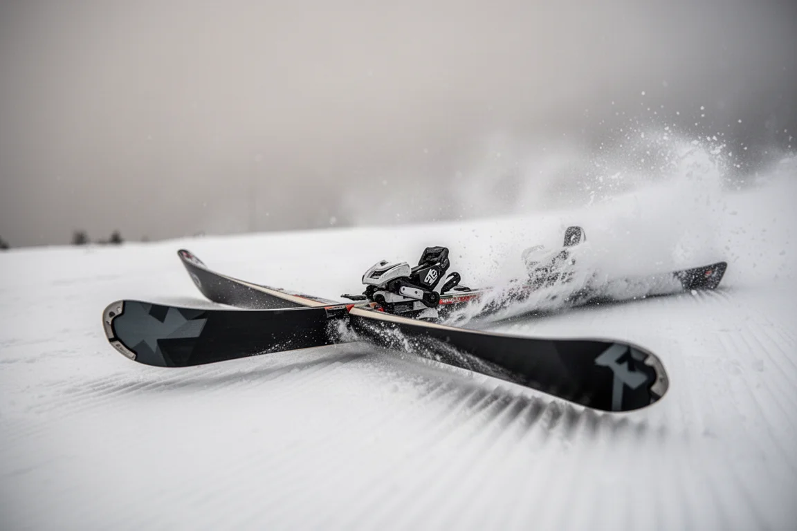 Steep soft-snow slope with moguls and curved tracks in low winter sun