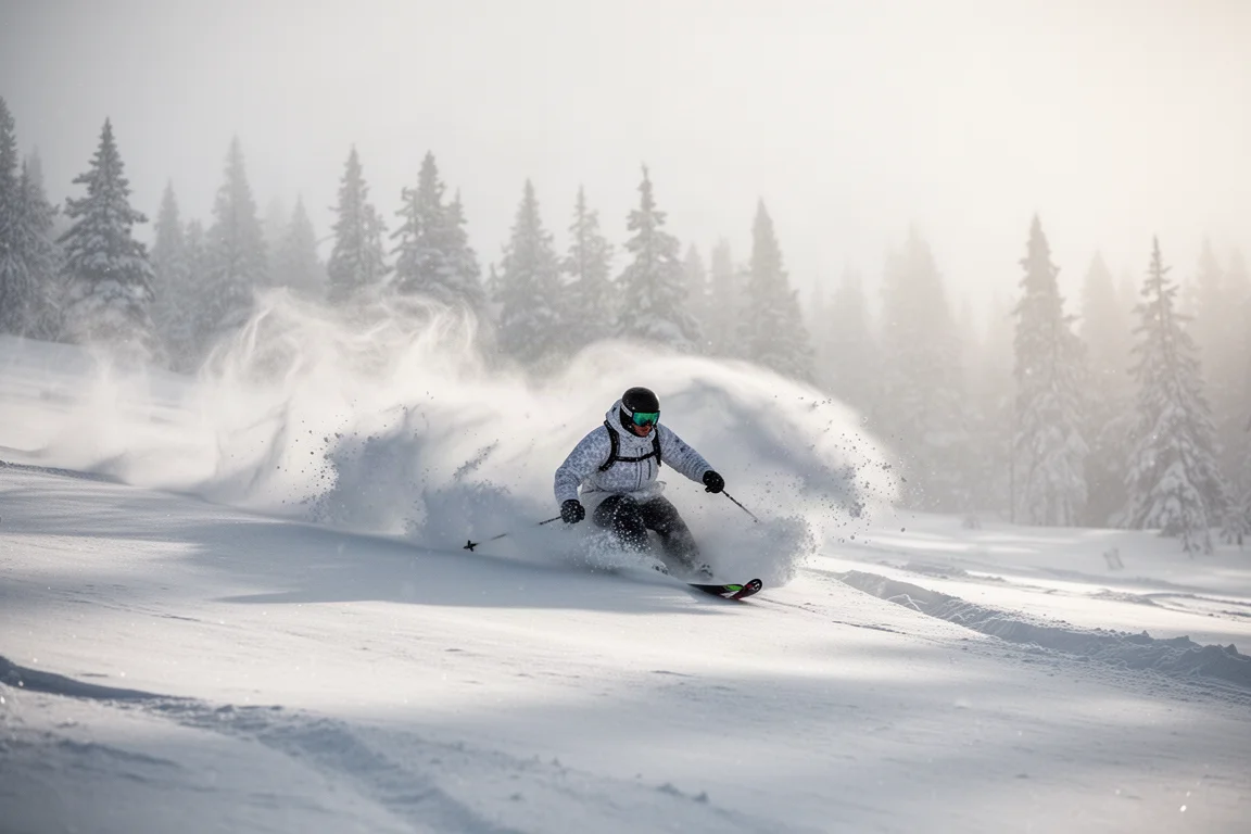 Skier mid-turn on a groomed resort slope at sunrise with snow spray