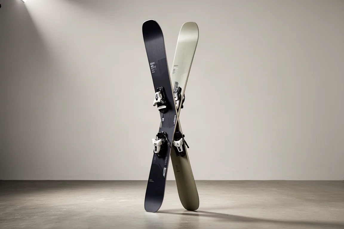 Pair of freestyle twin tip skis with wood-grain topsheets standing on a concrete floor