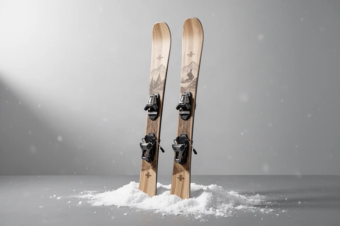 Pair of wide twin-tip powder skis standing upright in shallow fresh snow