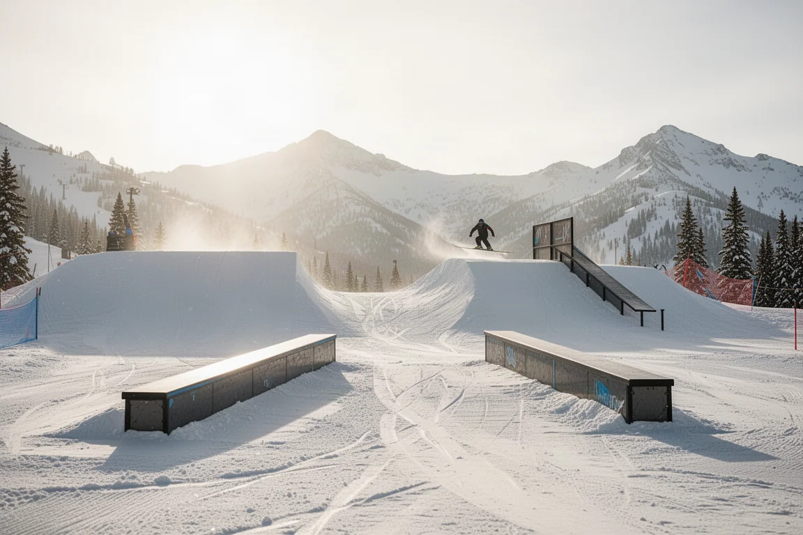 Sciatore che si avvicina a un salto del terrain park in una giornata di sole