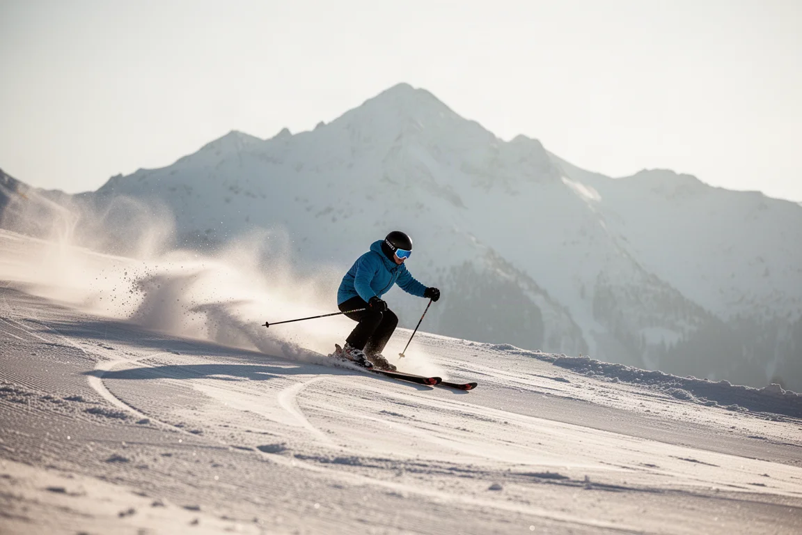 Skieur traçant des courbes propres sur une piste damée sous une lumière du matin éclatante