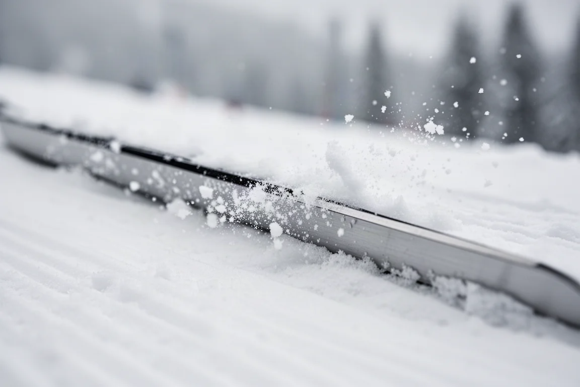 Gros plan sur le chant d'un ski accrochant la neige durée sur une piste damée
